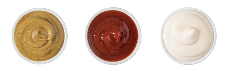 A set of sauces on a white background