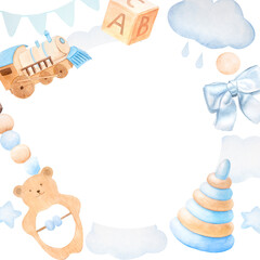 Round frame wreath of children's toys in blue and beige colors, watercolor illustration