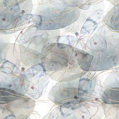 Abstract vintage print with butterflies, shapes and golden lines on white background. Watercolor seamless pattern. Hand drawn marble illustration. Mixed media art