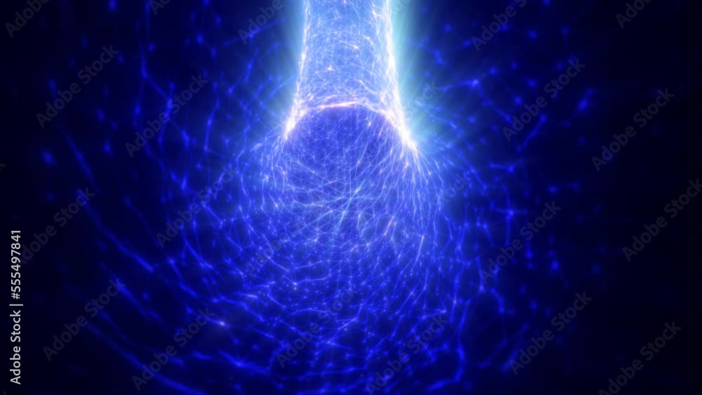 Poster abstract futuristic tunnel made of blue triangles and dots of particles of shiny hi-tech beautiful b