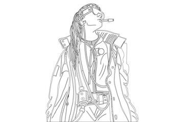 Cyberpunk character cyborg line art illustration