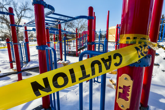 A playground cordoned off with caution tape during the COVID-19 World Pandemic; Edmonton, Alberta, Canada