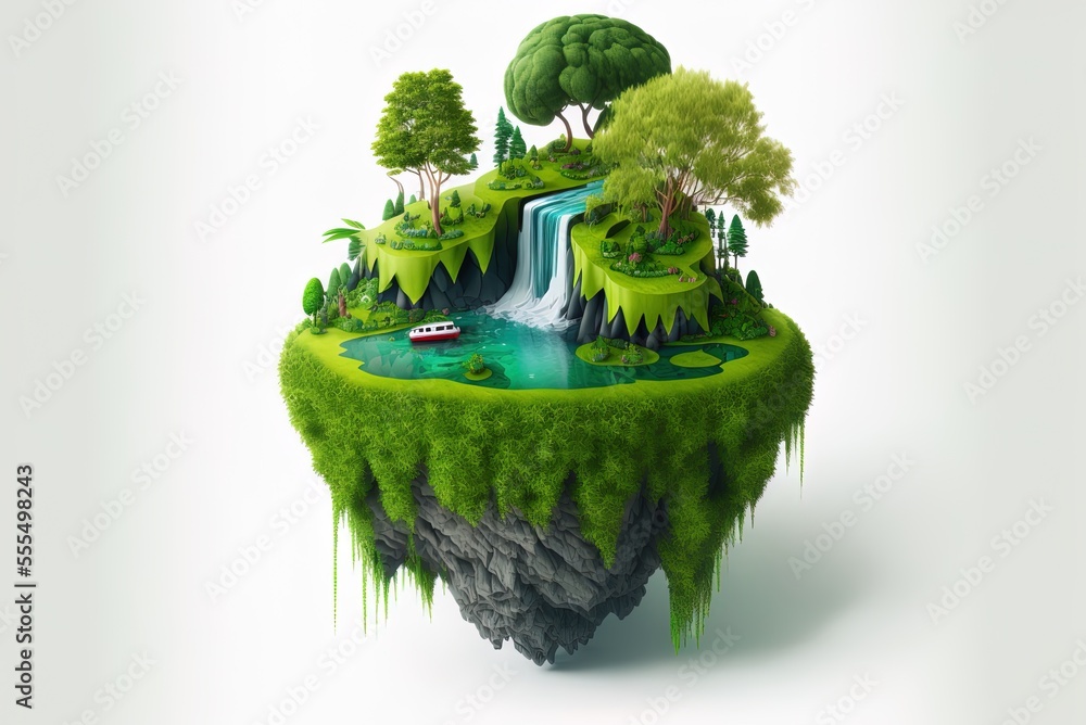 Poster surreal float landscape with waterfall paradise idea on white background with a fantastical floating