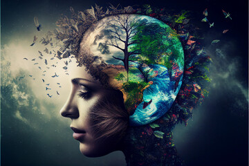 Concept of mental health, ecology, peace. Humanity's connection to nature.