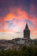 Naklejka premium View of Galata Tower of Istanbul in Turkey. Sky and cloud background. View of Istanbul. Turkish name: Galata Kulesi. August, 2022.