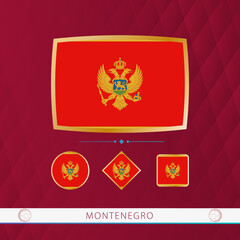 Set of Montenegro flags with gold frame for use at sporting events on a burgundy abstract background.