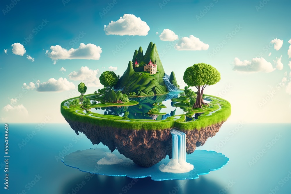 Poster imagined paradise island with a river flowing through it and a waterfall plunging from a cloudy blue