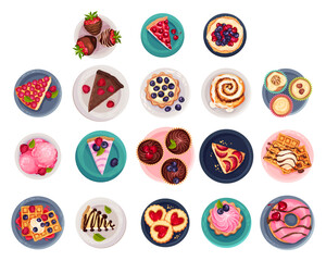 Sweet Desserts with Waffle, Cake, Donut, Cupcake and Bun Big Vector Set