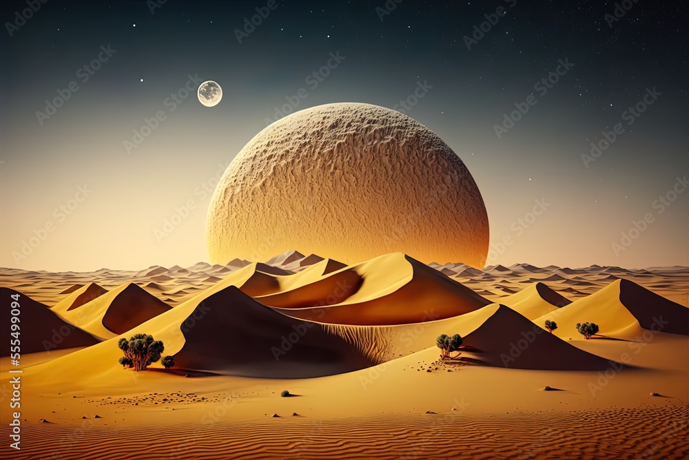 Poster amazing surreal desert scene with towering sand dunes and a moonlit sky. a simple idea from my archi
