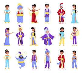 Fototapeta premium East Fairytale Character with Sultan in Turban, Jinn and Woman Belly Dancer Big Vector Set