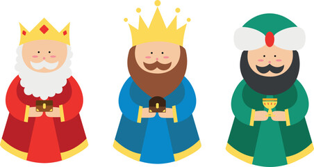 Vector drawing of the Three Wise Men Melchior, Gaspar, Balthazar. With gifts. Illustration for children