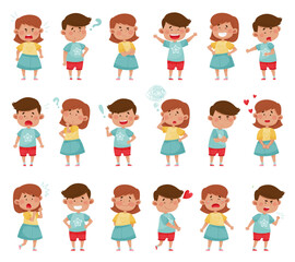 Adorable Boy and Girl Emoji Expressing Different Emotions Big Vector Set