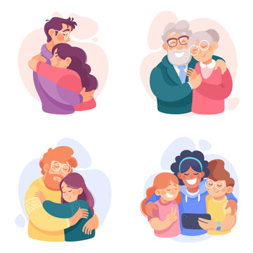 Embracing People Character Loving and Feeling Happy Vector Illustration Set