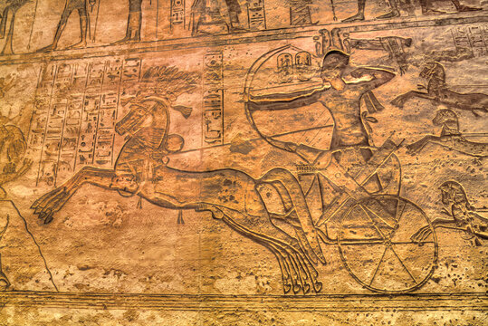 Ramesses II in Chariot, Sunken Relief, Hypostyle Hall, Ramesses II Temple, UNESCO World Heritage Site; Abu Simbel, Egypt
