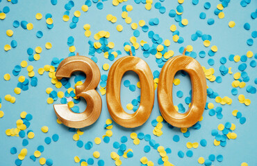 300 three hundred followers subscriber card. golden birthday candle on yellow and blue confetti...