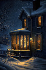 christmas night, snow, house, light in windows, beautiful, concept art illustration