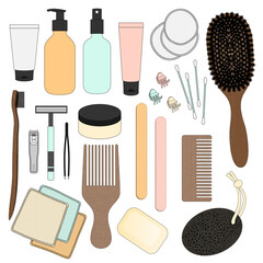 Accessoires de salle de bain pour prendre soin de sa peau, ses cheveux et son corps avec des produits et divers objets d'hygiène et de beauté naturels - obrazy, fototapety, plakaty