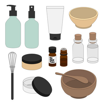 Collection d'objets contenants pour préparations cosmétiques à partir de produits naturels, flacons en verre, tube en plastique, pot pour crème, huile essentielle, fouet et bols
