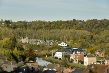 Fototapeta na wymiar Maisons se reflétant dans la Sambre au fond de la vallée à Thuin en province du Hainaut 