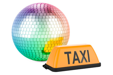 Disco taxi concept. Taxi car signboard with mirror disco ball, 3D rendering © alexlmx