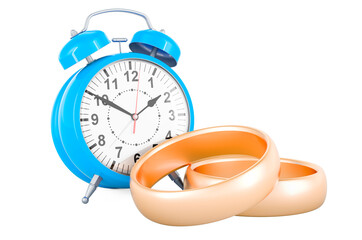 Wedding rings with alarm clock. 3D rendering