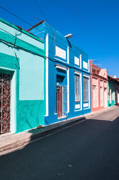 Colorful buildings, street scene, Sanctis Spiritus, Cuba, West Indies, Caribbean