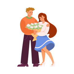 Young Man Giving Bouquet of Flowers to Happy Beautiful Woman as Romantic Couple in Love Vector Illustration