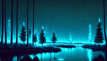 Neon christmas winter futuristic glowing landscape, neon winter forest lake, glowing fir trees
