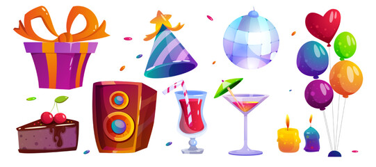 Festival and Birthday Party Elements with Gift Box, Cake, Cone Hat, Balloons, Cocktail, Candle and Music Equipment Vector Set