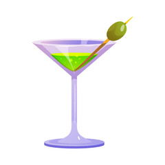 Glass with Cocktail and Olive on Stick as Festival and Birthday Party Element Vector Illustration