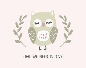 Cute owl and slogan, fashion and poster print design