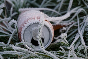 Waste from an empty drinking can dumped in nature. Garbage bin missed and junk ruining landscape beauty. In ice crystals of dew frozen in winter.