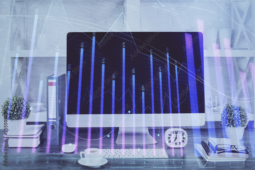 Aufkleber forex graph hologram on table with computer background. double exposure. concept of financial market