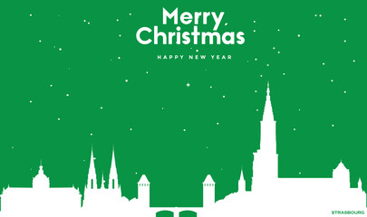 Christmas and New year green greeting card with white panorama of Strasbourg