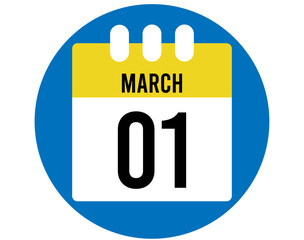 1 day March calendar vector. Calendar page icon for March days. Blue circle with yellow calendar