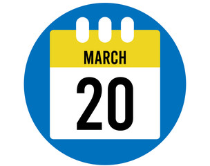20 day March calendar vector. Calendar page icon for March days. Blue circle with yellow calendar