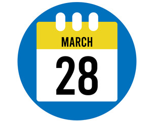 28 day March calendar vector. Calendar page icon for March days. Blue circle with yellow calendar