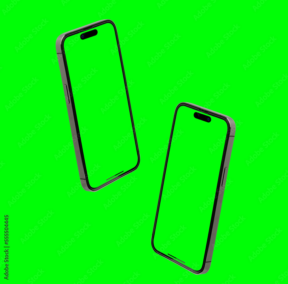 Poster studio shot of mobile phone or smartphone with green screen in vertical position isolated on backgro