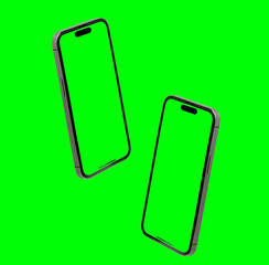 Studio shot of mobile phone or smartphone with green screen in vertical position isolated on background. Mock up mobile for Infographic Global Business web site design app - Clipping Path