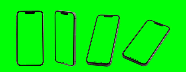 Studio shot of mobile phone or smartphone with green screen in vertical position isolated on background. Mock up mobile for Infographic Global Business web site design app - Clipping Path