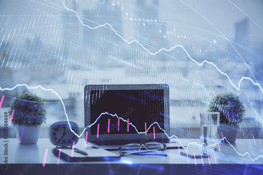 Poster Stock market graph on background with desk and personal computer. Double exposure. Concept of financial analysis.