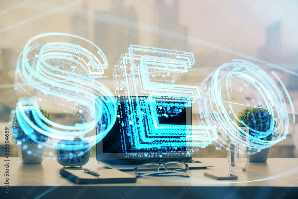 Poster Double exposure of table with computer and seo drawing hologram. Search optimization concept.