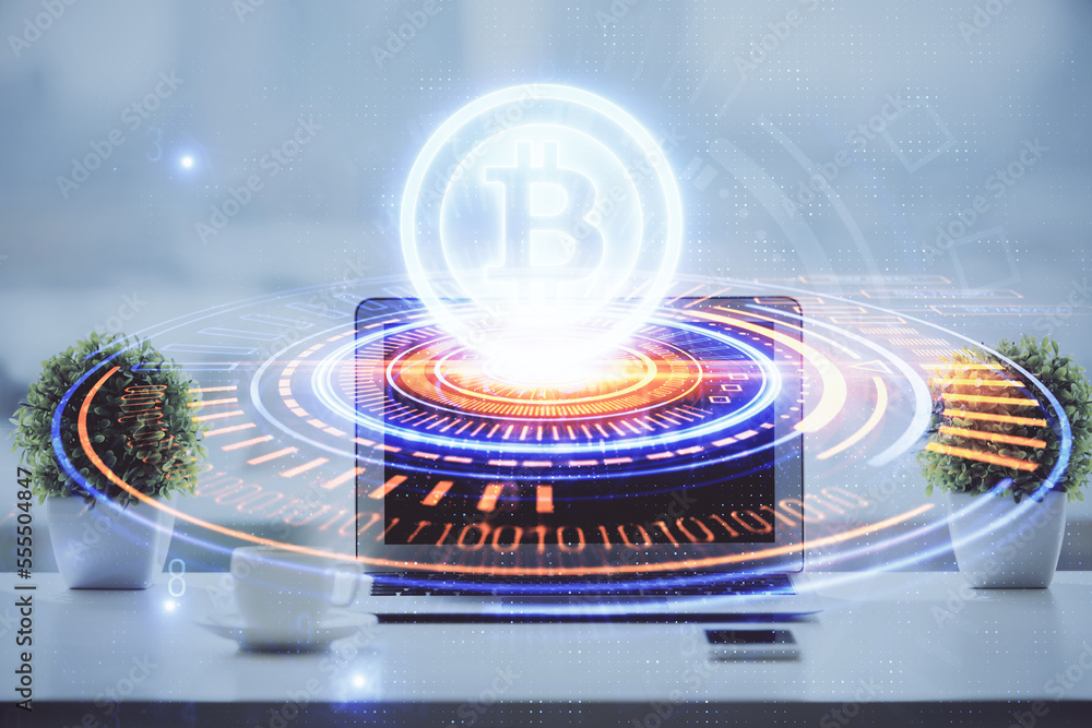 Poster Double exposure of blockchain and crypto economy theme hologram and table with computer background. Concept of bitcoin cryptocurrency.