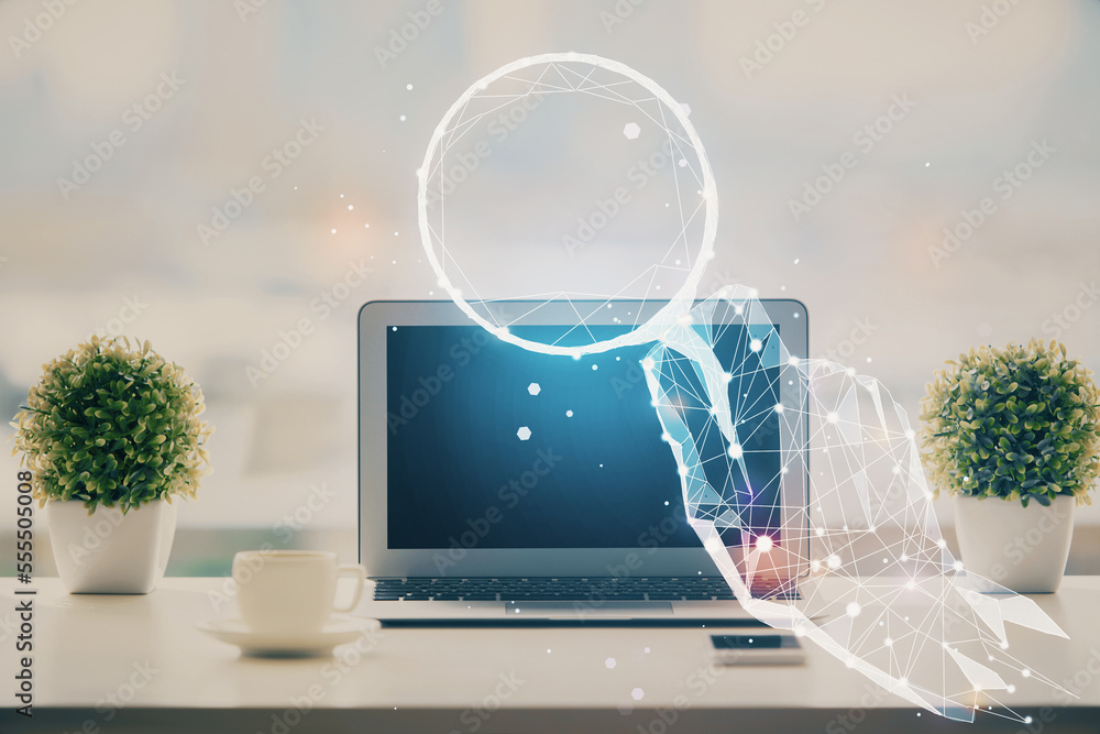 Poster Desktop computer background in office and start up theme hologram drawing. Double exposure. Startup concept.