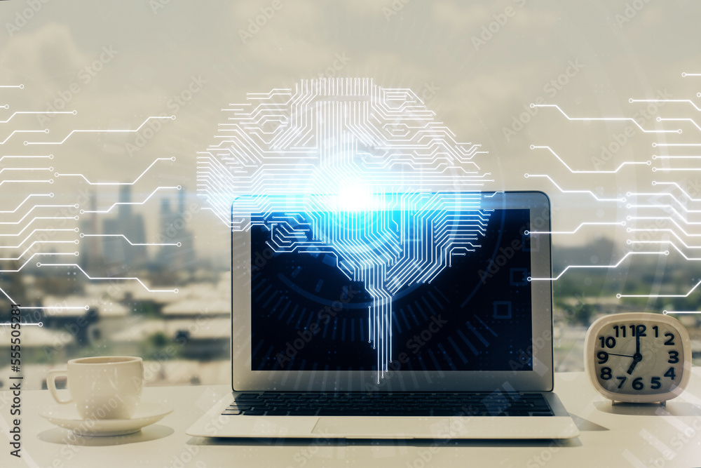 Poster Double exposure of desktop with computer and brain drawing hologram. Artificial intelligence concept.