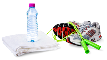 Sport training concept, shoes, towel and water