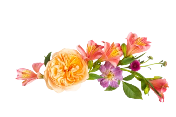 Foto op Plexiglas  floral layout from peach and orange and purple flowers on a transparent background. Top view, flat lay.  © Yevhenii Khil