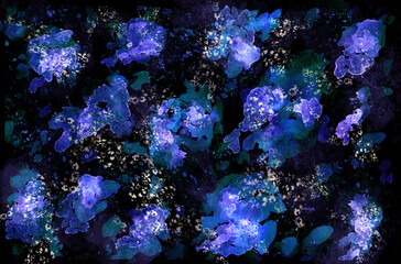 Blue watercolor stains are layered and grouped against a black background. Watercolor abstract background. Illustration.