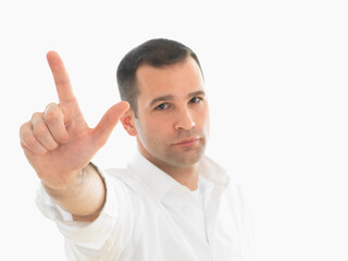 Portrait of Man Holding up Two Fingers