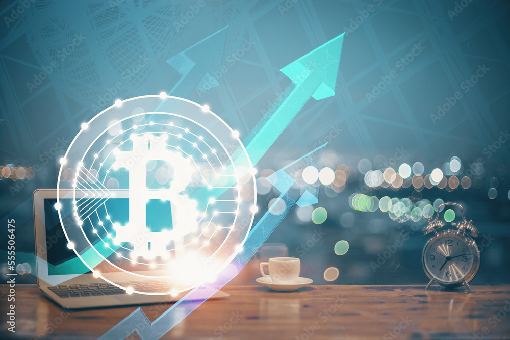 Aufkleber Multi exposure of blockchain theme hologram and table with computer background. Concept of bitcoin crypto currency.
